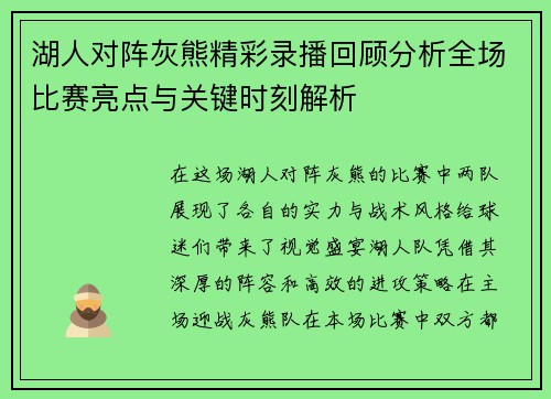 湖人对阵灰熊精彩录播回顾分析全场比赛亮点与关键时刻解析
