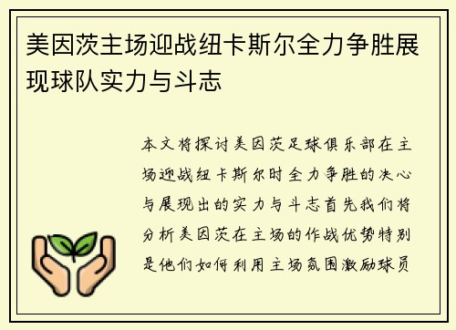 美因茨主场迎战纽卡斯尔全力争胜展现球队实力与斗志