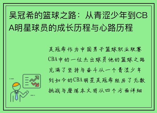 吴冠希的篮球之路：从青涩少年到CBA明星球员的成长历程与心路历程