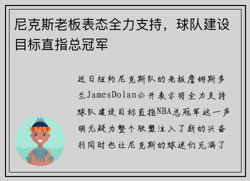 尼克斯老板表态全力支持，球队建设目标直指总冠军