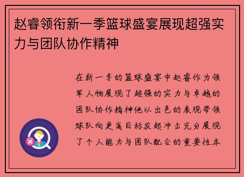 赵睿领衔新一季篮球盛宴展现超强实力与团队协作精神