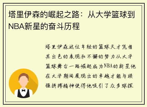 塔里伊森的崛起之路：从大学篮球到NBA新星的奋斗历程