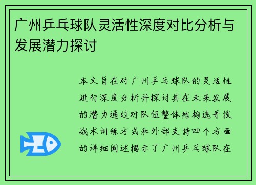 广州乒乓球队灵活性深度对比分析与发展潜力探讨