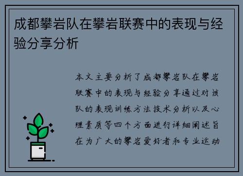 成都攀岩队在攀岩联赛中的表现与经验分享分析