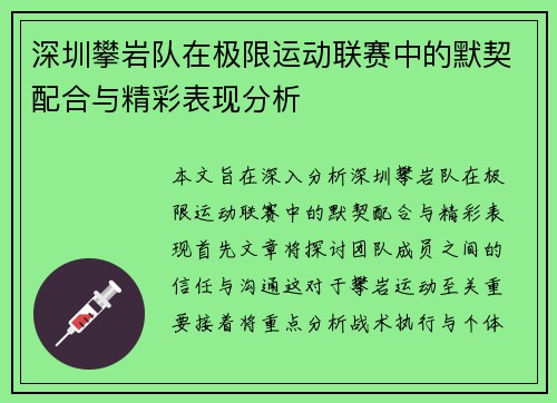 深圳攀岩队在极限运动联赛中的默契配合与精彩表现分析