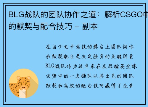 BLG战队的团队协作之道：解析CSGO中的默契与配合技巧 - 副本