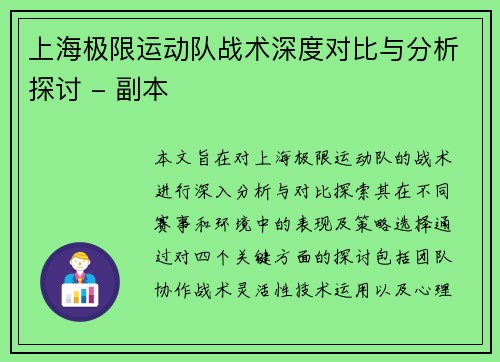 上海极限运动队战术深度对比与分析探讨 - 副本