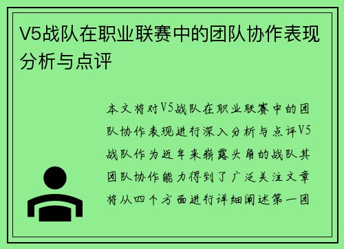 V5战队在职业联赛中的团队协作表现分析与点评