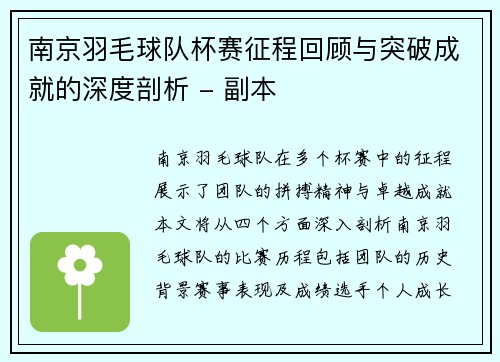 南京羽毛球队杯赛征程回顾与突破成就的深度剖析 - 副本