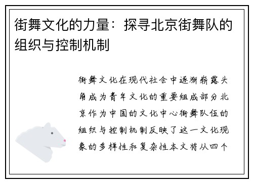 街舞文化的力量：探寻北京街舞队的组织与控制机制