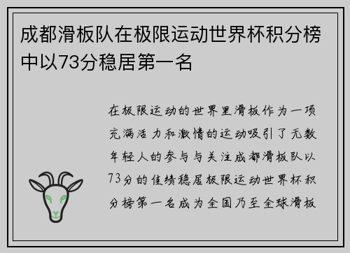 成都滑板队在极限运动世界杯积分榜中以73分稳居第一名