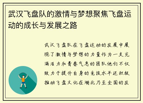 武汉飞盘队的激情与梦想聚焦飞盘运动的成长与发展之路